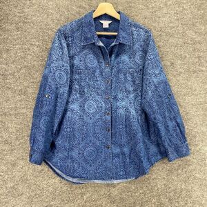 5/$45 Allison Daley Shirt Women PL Petite Blue Geometric Button Up Cotton